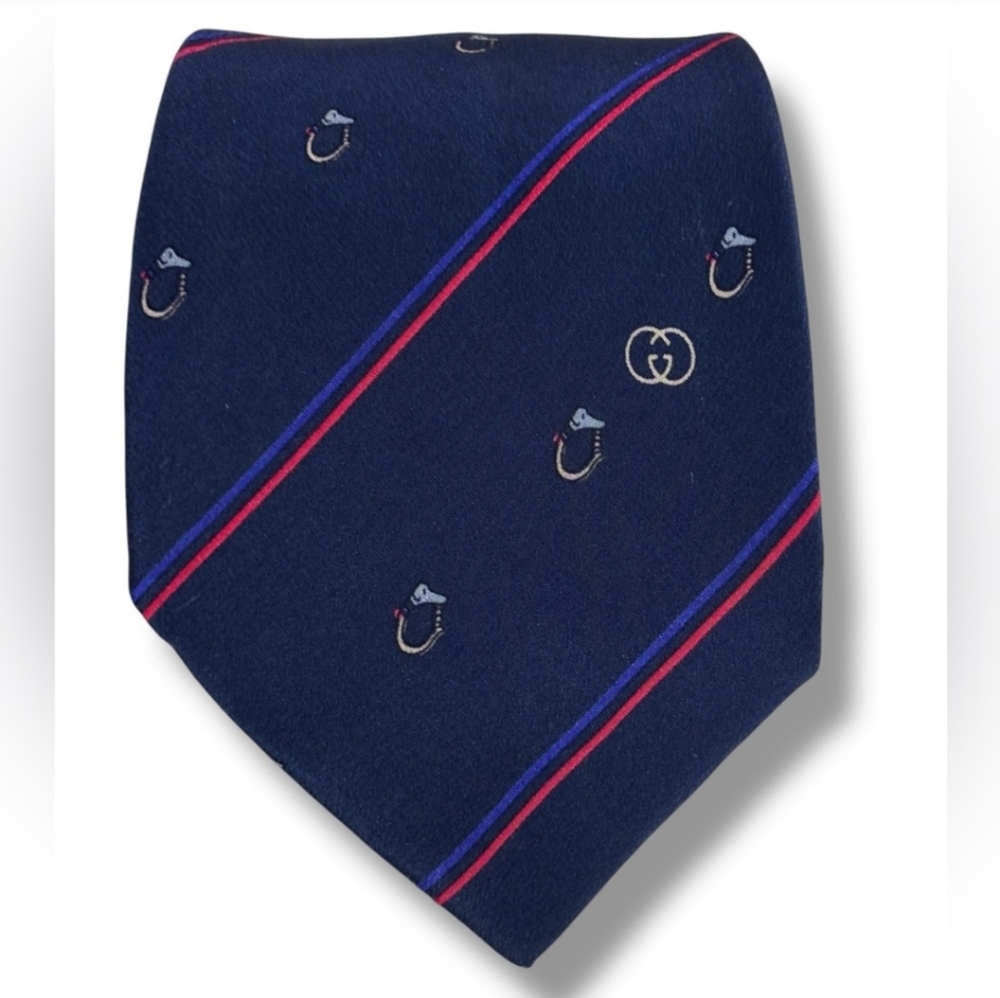 GUCCI Navy Silk Tie with Stripes & Circle Bit Pattern VINTAGE - Picture 7 of 7